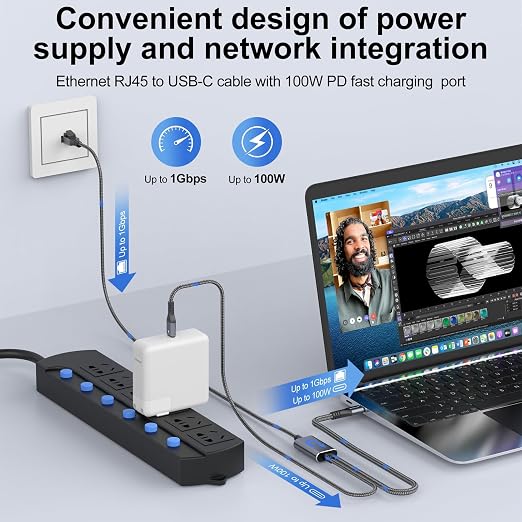 USB C to Ethernet Cable with Charging 10 Feet, USB-C Male 100W PD & Gigabit LAN - Image 3
