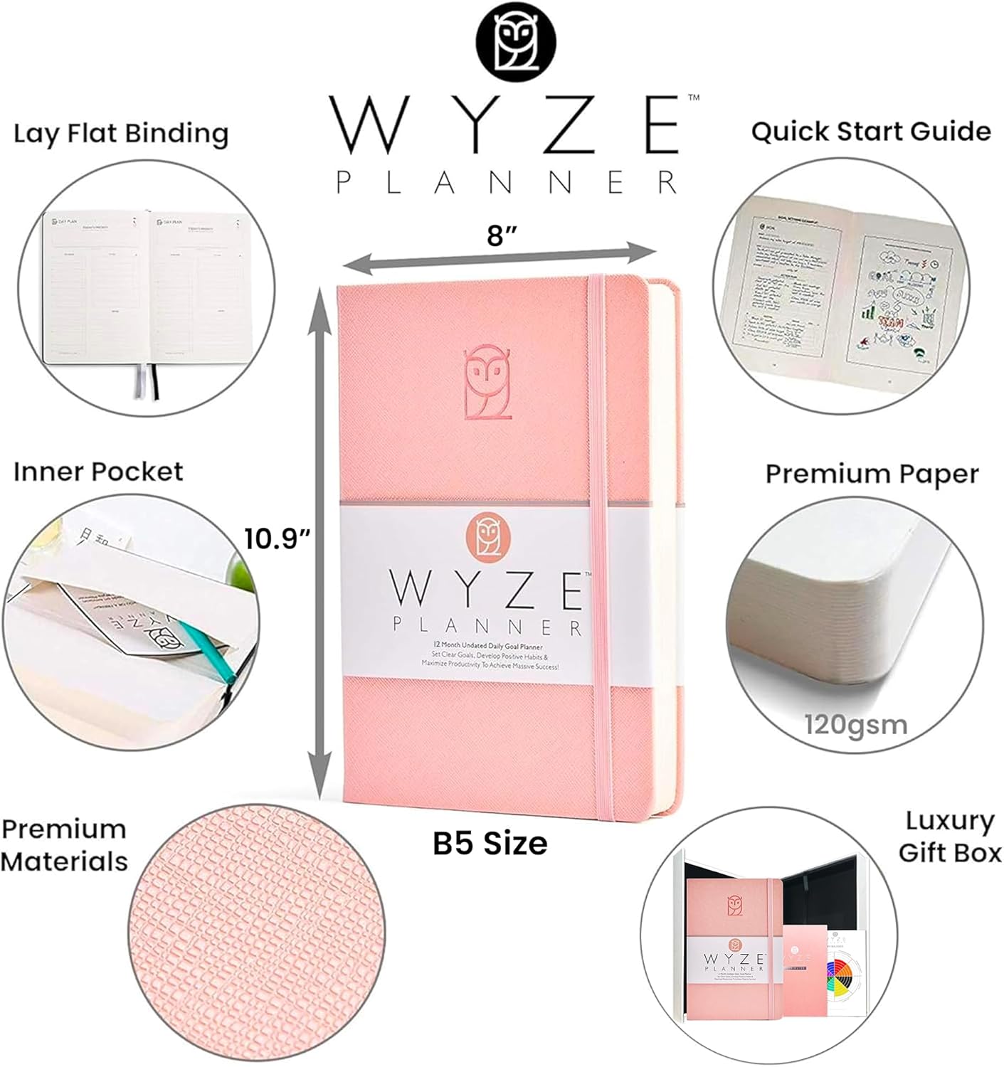 Undated Daily Planner – 1-Year B5 Productivity Organizer with Two-Page Weekly Spread, Goal Setting, Habit Tracker, Weekly & Monthly Pages – Hardcover Time Management Notebook (Pink)