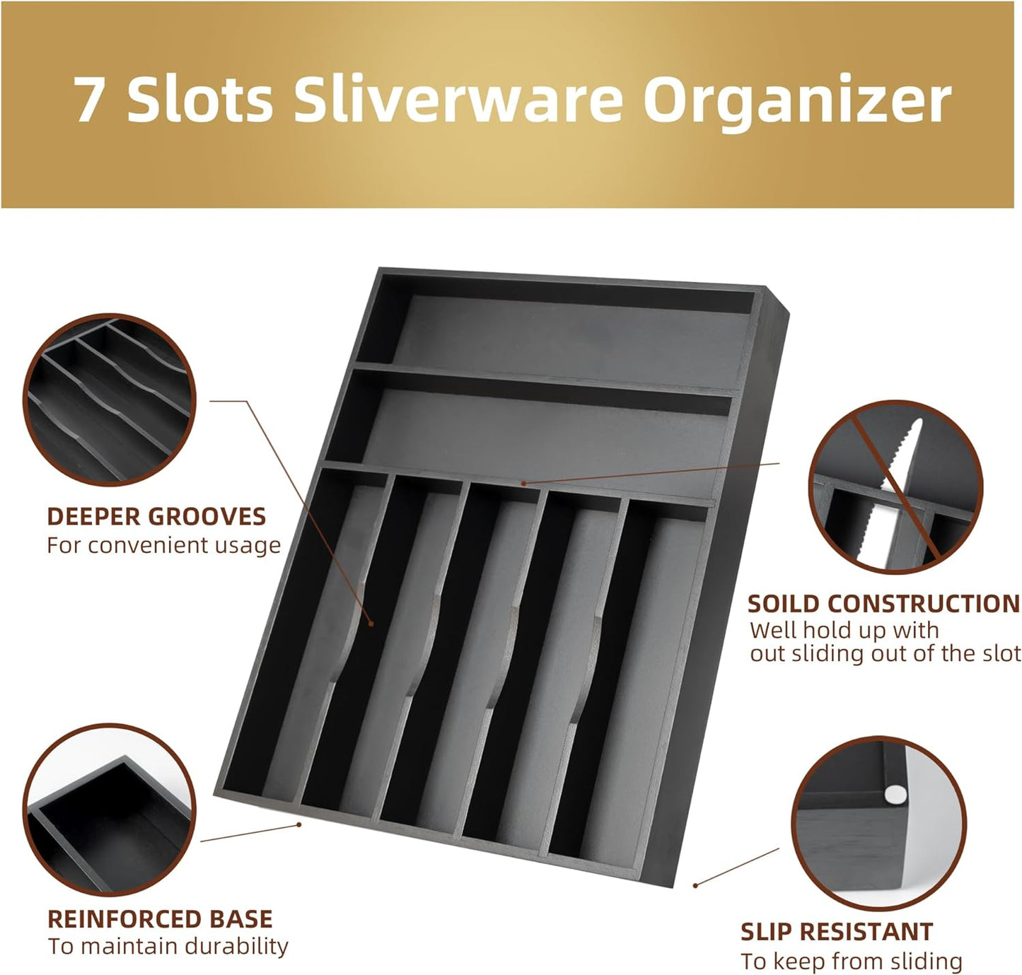 Silverware Organizer Bamboo Kitchen Drawer Organizer Utensil Organizer Silverware Holder Cutlery Organizer in drawer Flatware Organizer Tray (Black 7 Slots)