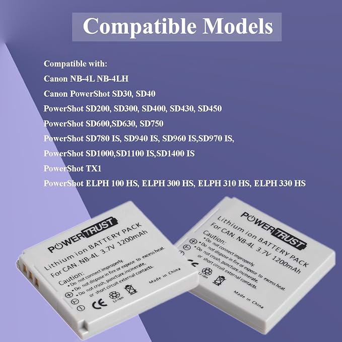 2-Pack 1200mAh 3.7v NB-4L Battery and LCD USB Charger - Image 5