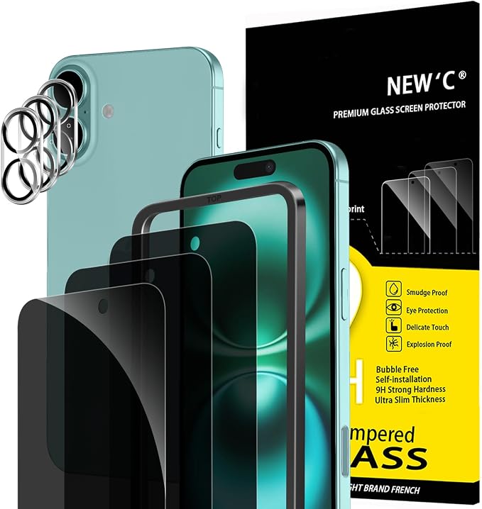 NEW'C 3x Privacy for iPhone 16 Plus Screen Protector+ 3x Camera Lens Protector by NEWC