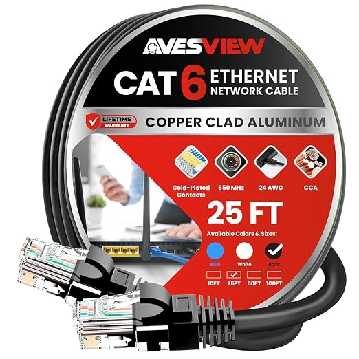 CAT 6 Ethernet Cable 25 FT, Indoor High-Speed 10Gbps Snagless CAT6 25FT by AvesView