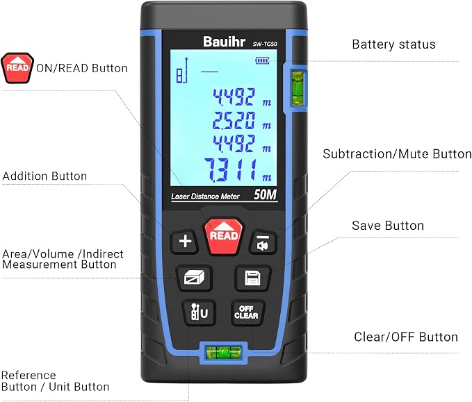 Laser Measure, Bauihr 165ft Laser Distance Meter, Portable Laser Measurement - Image 2