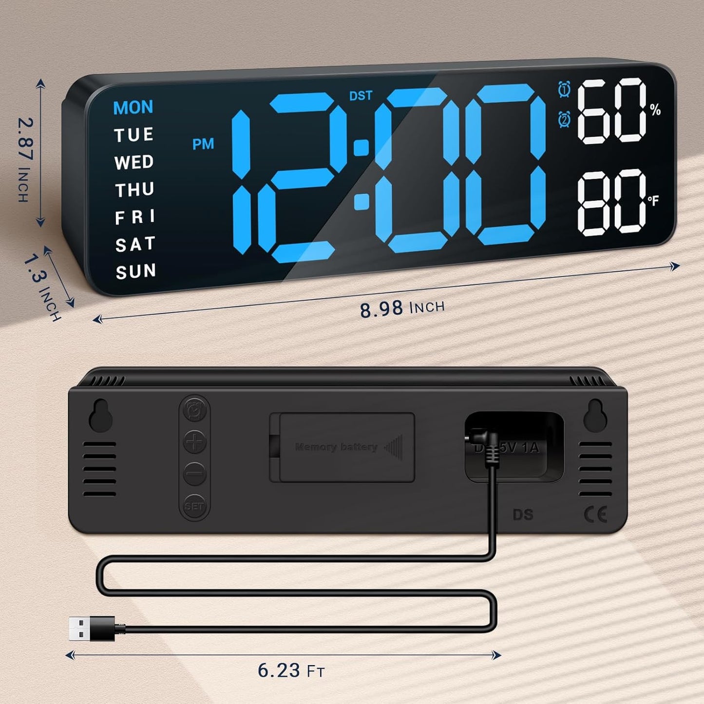 10" Digital Wall Clock: Dual Alarm Wall Mount Decor Clock for Living Room Classroom Office Desk, House Warming Gifts New Home Decor, Gift for Mom Dad Seniors Teen Blue