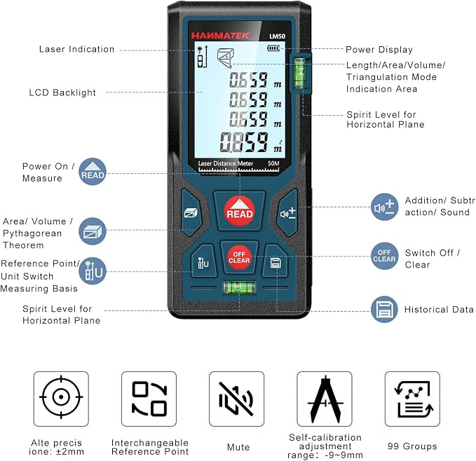 165ft/50m Laser Measure Ft/in/M Switching LM50 Laser Measurement Tool Devices - Image 2