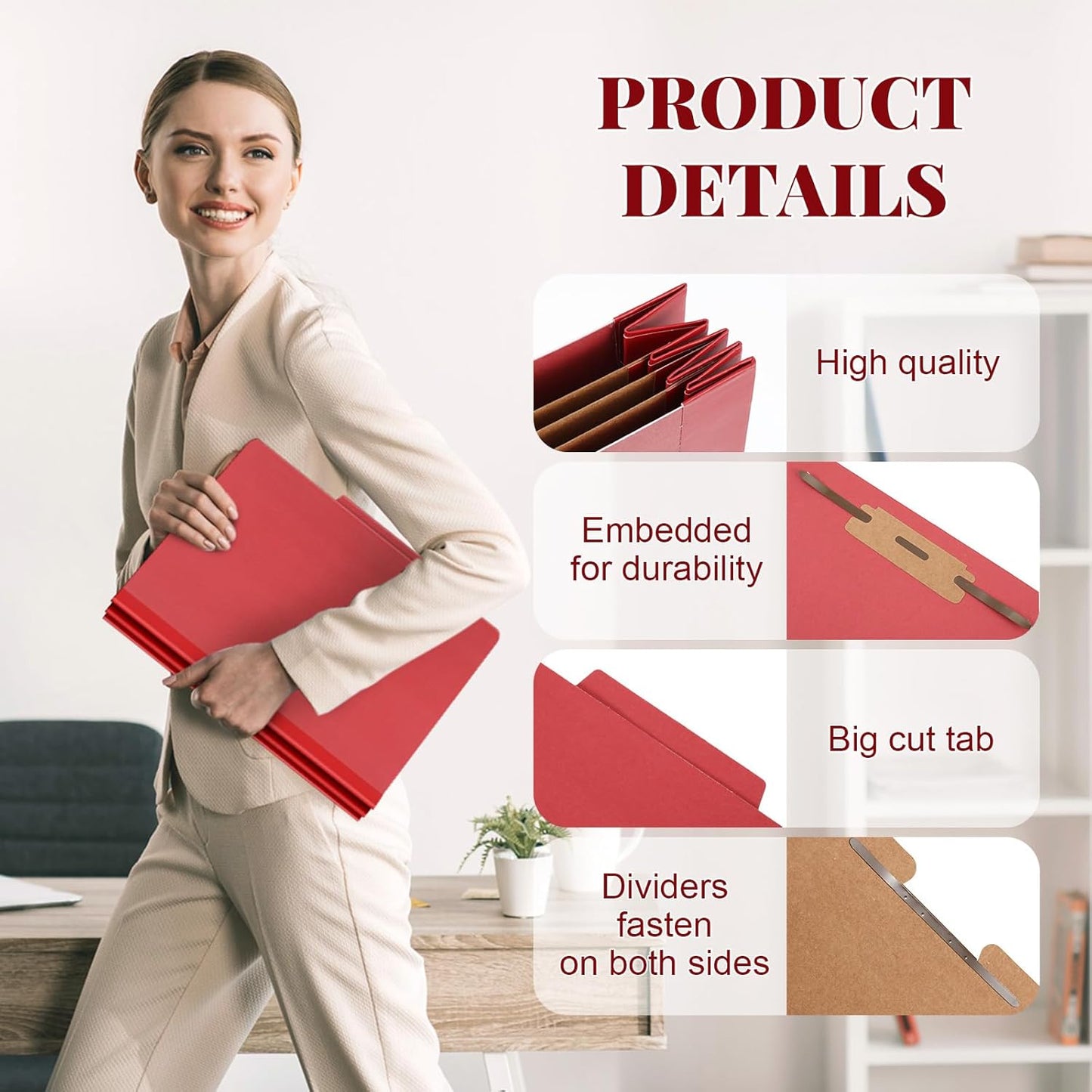 24 Pcs Classification Folders Letter Size, 3 Divider Pressboard File Folder with Fasteners, Expanding File Organizer Bulk for Teachers, Clergy, Office, Church, Christmas Donations (Red)