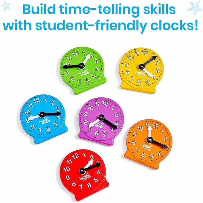 hand2mind Rainbow Geared Mini Learning Clock Set of 6, Analog Teaching Clocks - Image 3
