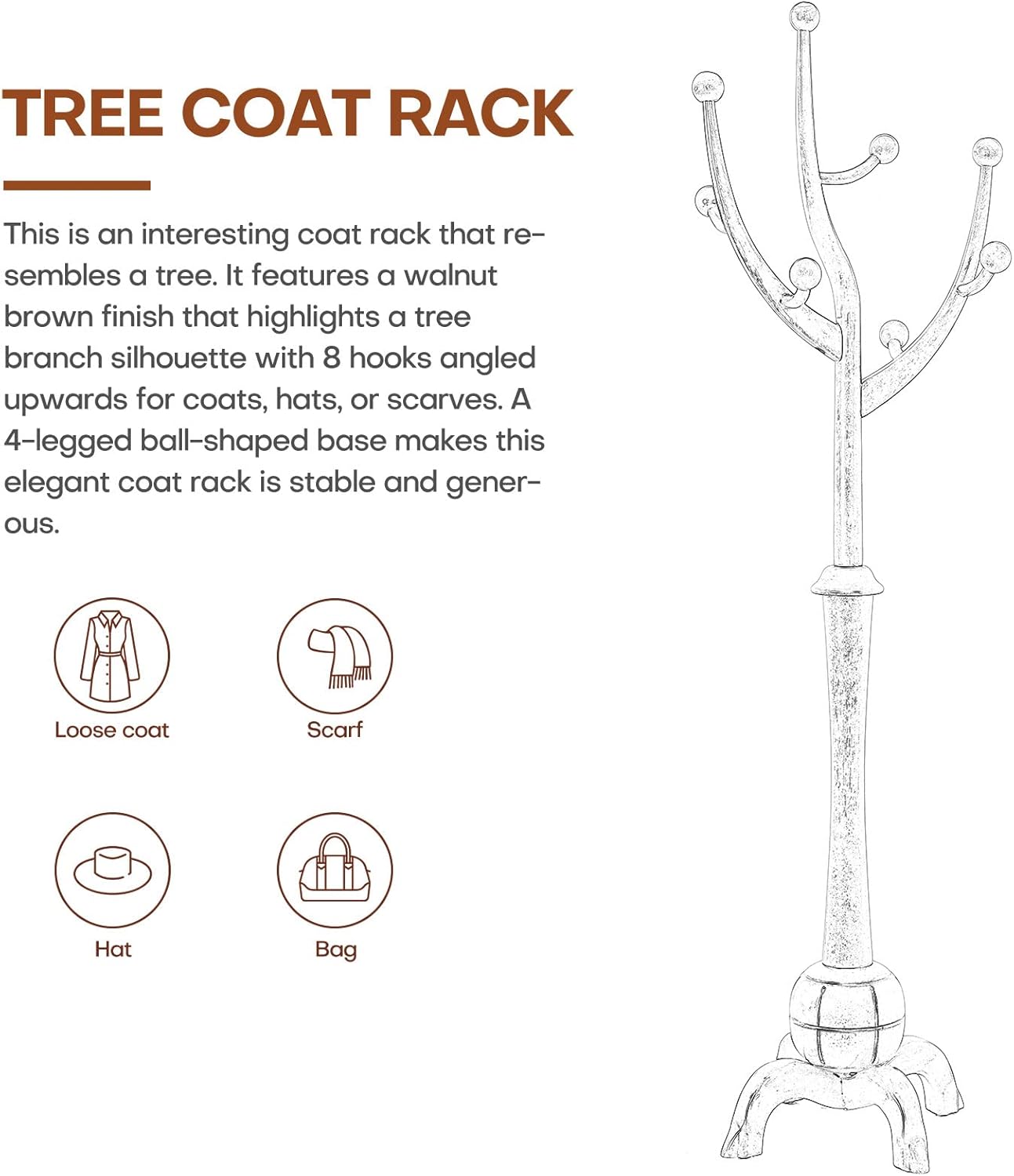 Coat Rack Freestanding Wood Tree Rack with 8 Hooks, Creative Design Tree Branch-look, Coat Tree Clothes Hanger Stand with Stable Sphere Base for Entryway, Hallway, Bedroom - Load 160lbs (Light Brown)