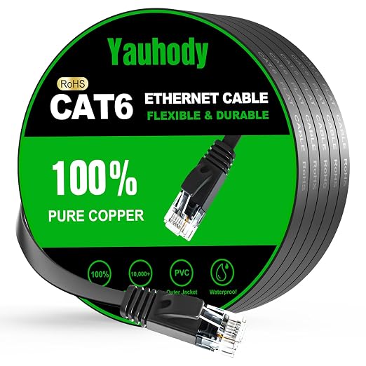 Yauhody CAT 6 Ethernet Cable 50ft Black, High Speed Solid Flat CAT6 Gigabit by Yauhody