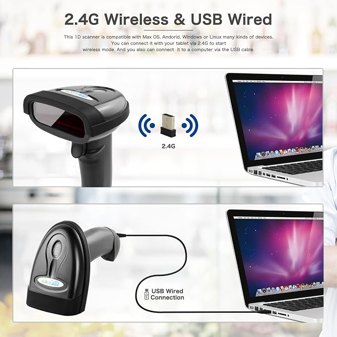NETUM Wireless Barcode Scanner, 2 in 1 2.4G Wireless & USB Wired 1D Laser - Image 3