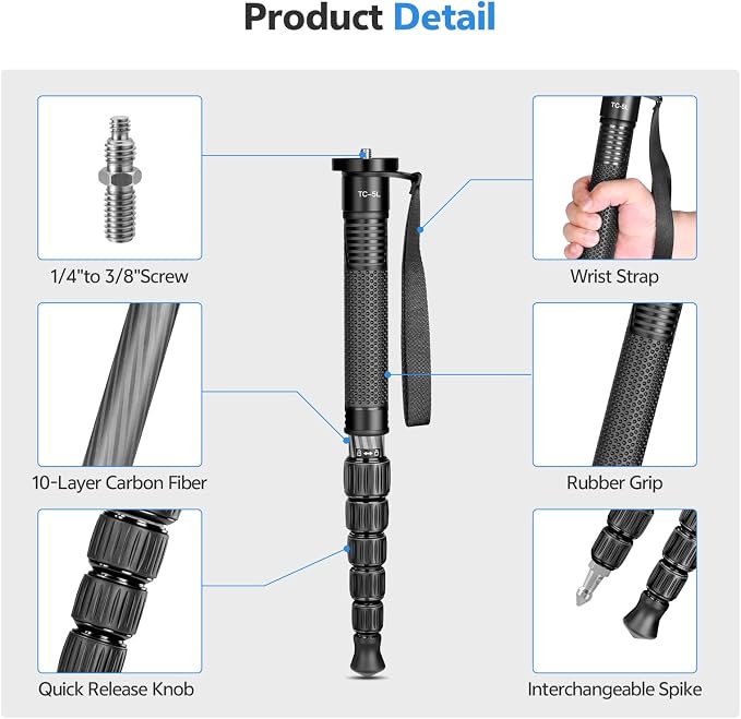 TONYBOO 61" Carbon Fiber Camera Monopod, 28mm 6-Section Height, Portable - Image 4