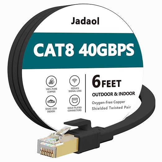 Jadaol Cat 8 Ethernet Cable 6 ft, 40Gbps 2000MHz Flat RJ45 S/FTP LAN Patch Cable by Jadaol
