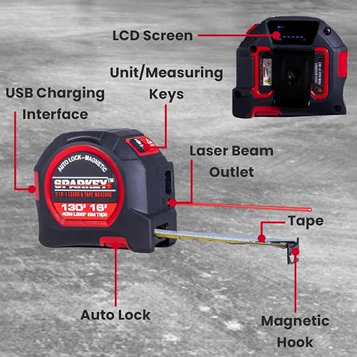 SPARKEY 2-in-1 Laser Tape Measure, 130Ft Laser Distance Measurement, - Image 4