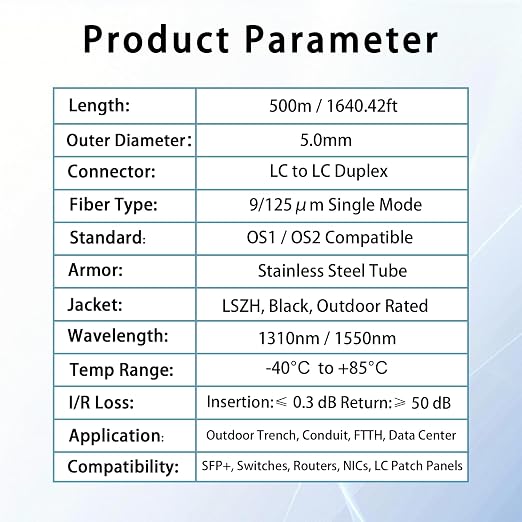 500M/1640FT LC to LC Armored Outdoor Fiber Optic Cable, Single Mode Duplex - Image 6