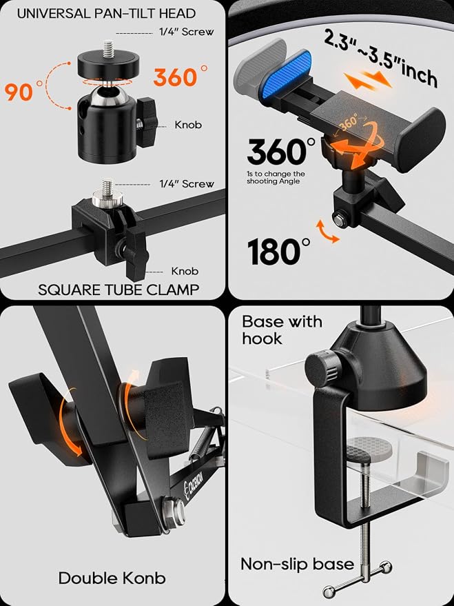 Upgrade Ring Light Overhead Phone Mount, 12”Circle LED Desk Ring Light - Image 6