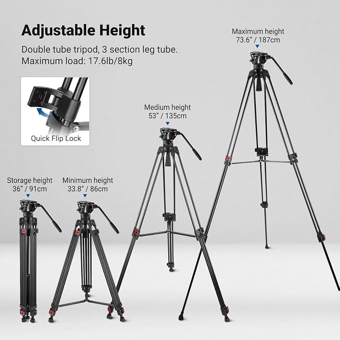 NEEWER 74" Video Tripod with Fluid Head, QR Plate, Aluminum Heavy Duty Camera - Image 2