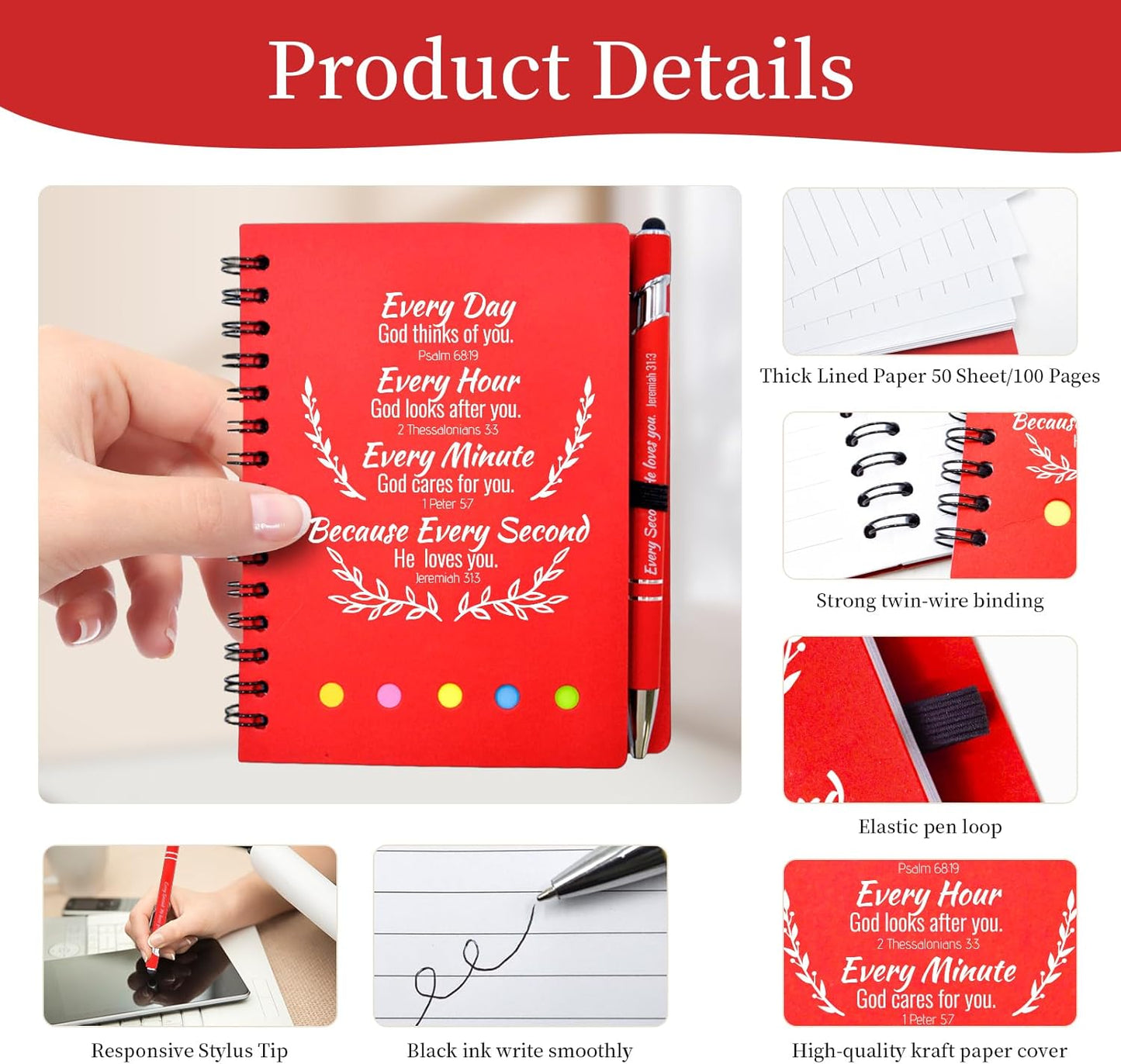 60 Pcs Bulk Fathers Day Christian Gifts Prayer Journal for Woman - 30 Set Religious Notepad with Christian Pen - Bible Notebook - Church Gifts for Inspirational, Bible Study, Devotions ( Red )