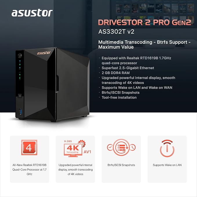 Asustor Drivestor 2 Pro Gen2 AS3302T v2, 2 Bay NAS, 1.7GHz Quad-Core, 2.5GbE - Image 2