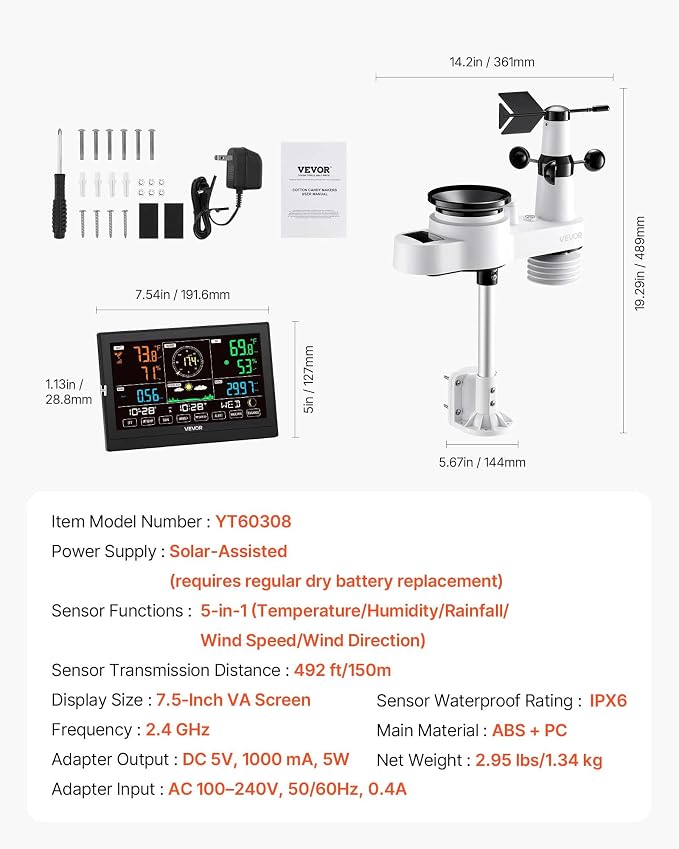 VEVOR 5-in-1 Wi-Fi Weather Station, 7.5-Inch VA Display, Wireless Solar Powered - Image 6