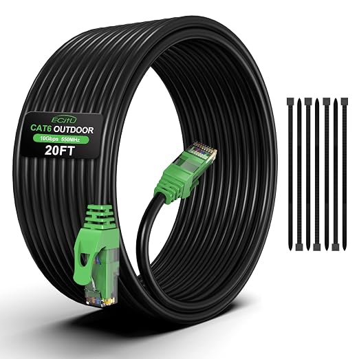 20FT Cat6 Outdoor Ethernet Cable, Heavy Duty Direct Burial, 24AWG CCA Patch Cord by ECJTU-US