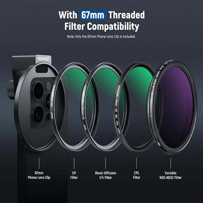 NEEWER 67mm Phone Filter Mount, Adjustable Threaded Lens Filter Clip - Image 6