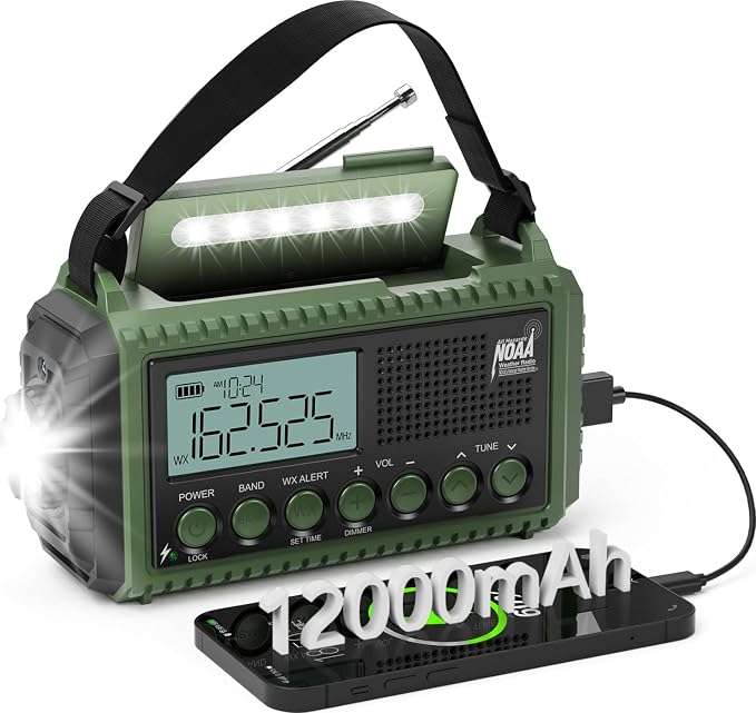 NOAA Emergency Radio with Auto Weather Alerts - 12000mAh Solar Hand Crank by PPLEE