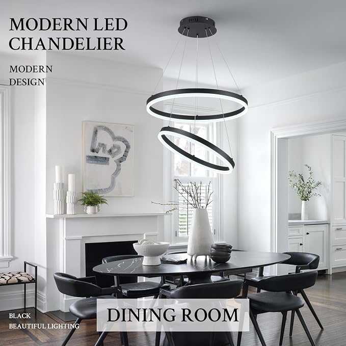 Modern LED Chandelier Black 2-Rings Pendant Light Circular Flush Mount Ceiling - Image 6