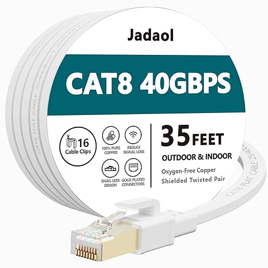 Jadaol Cat 8 Ethernet Cable 35 ft, 40Gbps 2000MHz Flat RJ45 S/FTP LAN Patch by Jadaol