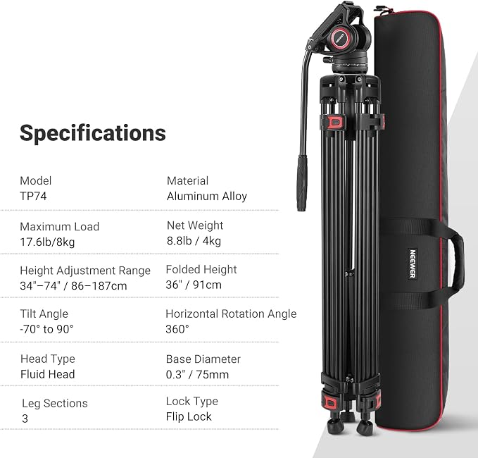 NEEWER 74" Video Tripod with Fluid Head, QR Plate, Aluminum Heavy Duty Camera - Image 8