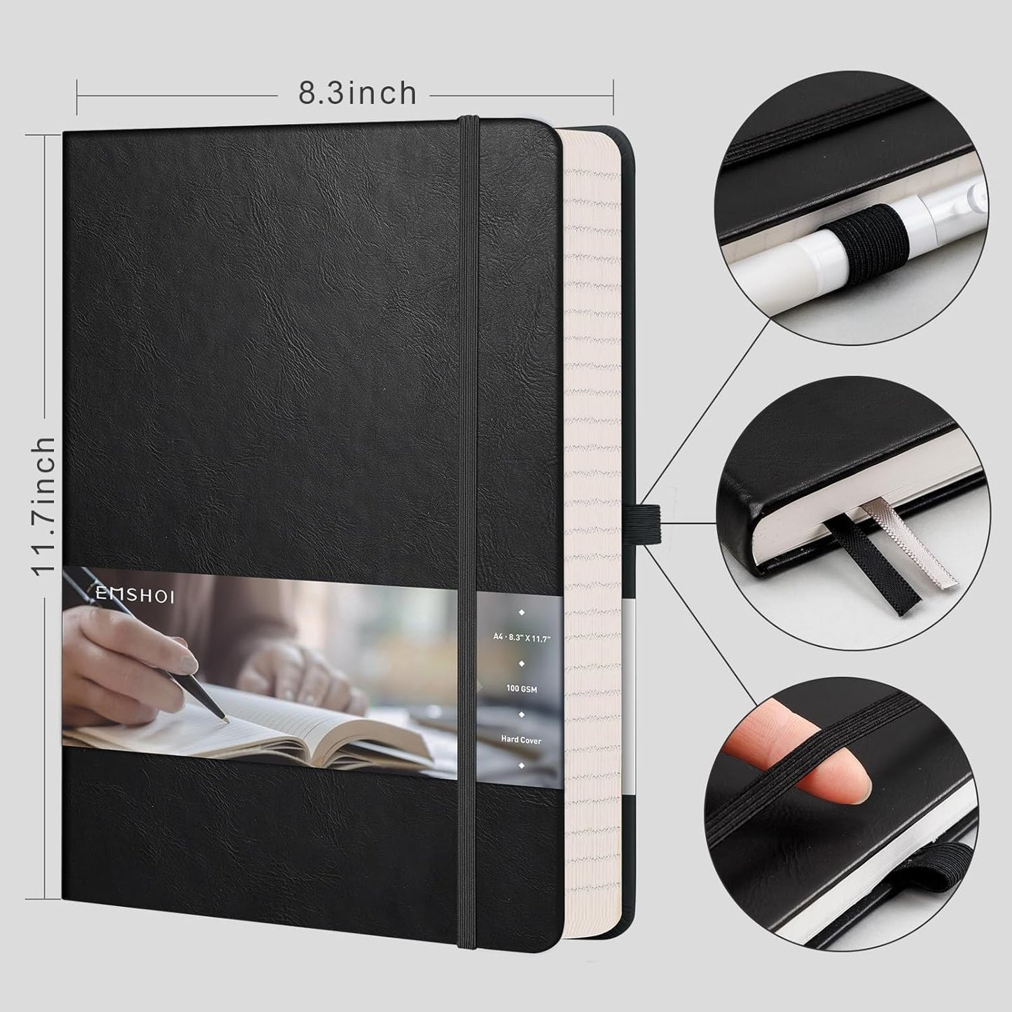 EMSHOI Hardcover Leather Lined Journal - 8.5" x 11" College Ruled Notebook for Women & Men, 192 Pages, 100 GSM Thick Paper, Sticky Notes - Professional A4 Writing Journal for Work, Office, Black