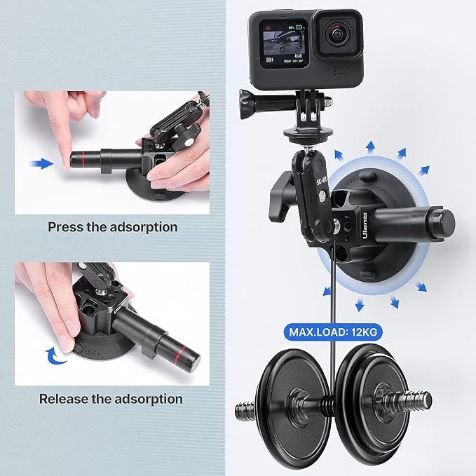 UURig SC-01 Suction Mount 3" for Vlogging Action Camera Car w Smartphone Clamp - Image 4