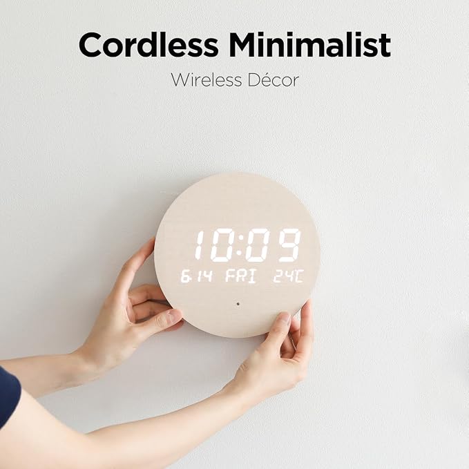 mooas Wood Moon Cordless Mini Digital LED Wall Clock, Temperature, Auto - Image 2
