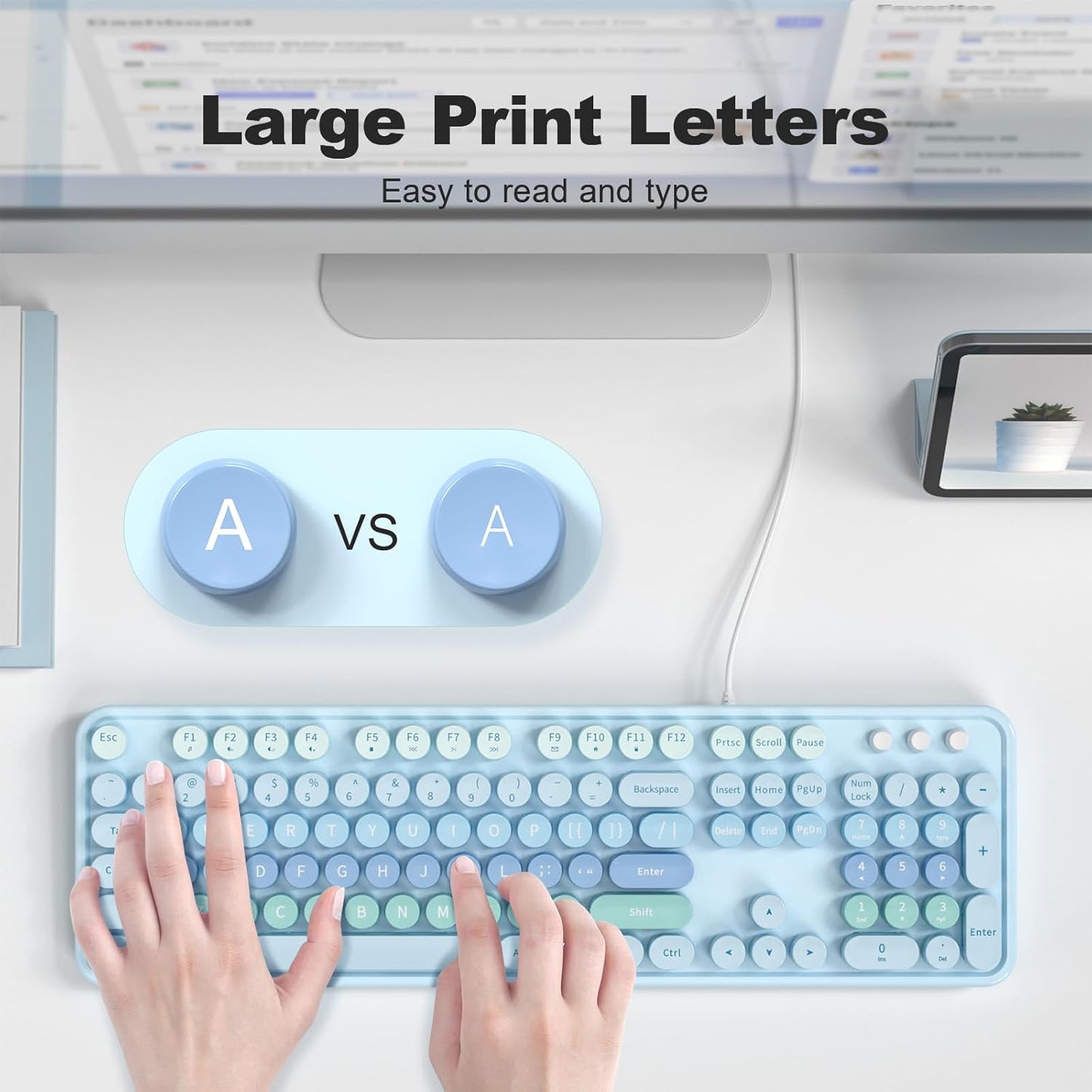 MOFII Keyboard Wired Large Print, Computer Keyboard Plug Play, Colorful Retro Round Typewriter Keyboard with Numeric Keypad and Media Hotkey for Windows PC Laptop (Pale Blue)