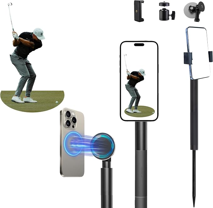 Golf Monopod Selfie Stick with Metal Ground Spike | Magnetic Phone Holder 52" by SwingmetricsLLC