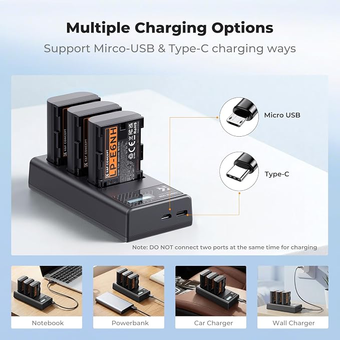 K&F CONCEPT 2600mAh LP-E6NH Battery and 3-Slot Battery Charger Compatible - Image 5