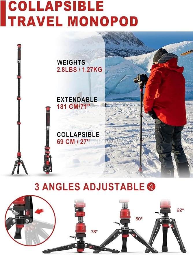 IFOOTAGE Monopod Cobra 3 C180F-P+K5S, 1/4'' & 3/8'' Quick Release Compatible - Image 4