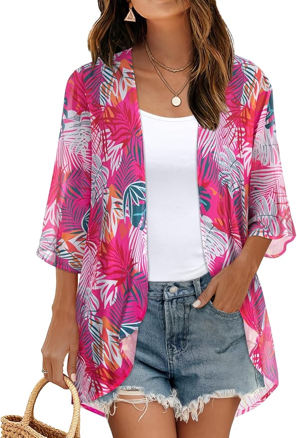 Women's Floral Print Puff Sleeve Kimono Cardigan Loose Cover Up Casual Blouse by CHICGAL
