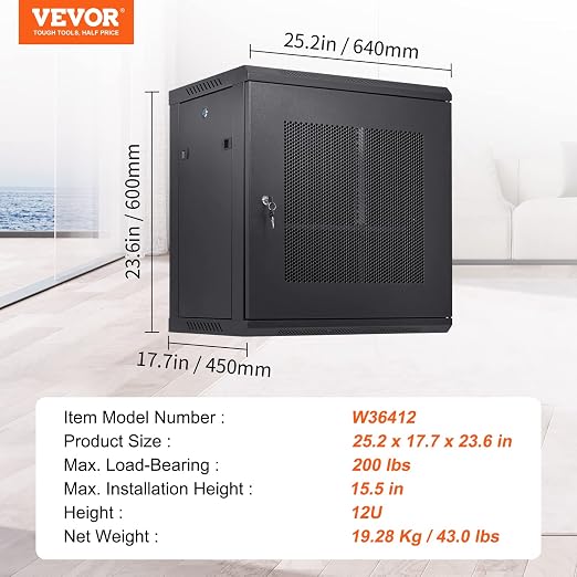VEVOR 12U Wall Mount Network Server Cabinet, 15.5'' Deep, Server Rack Cabinet - Image 7