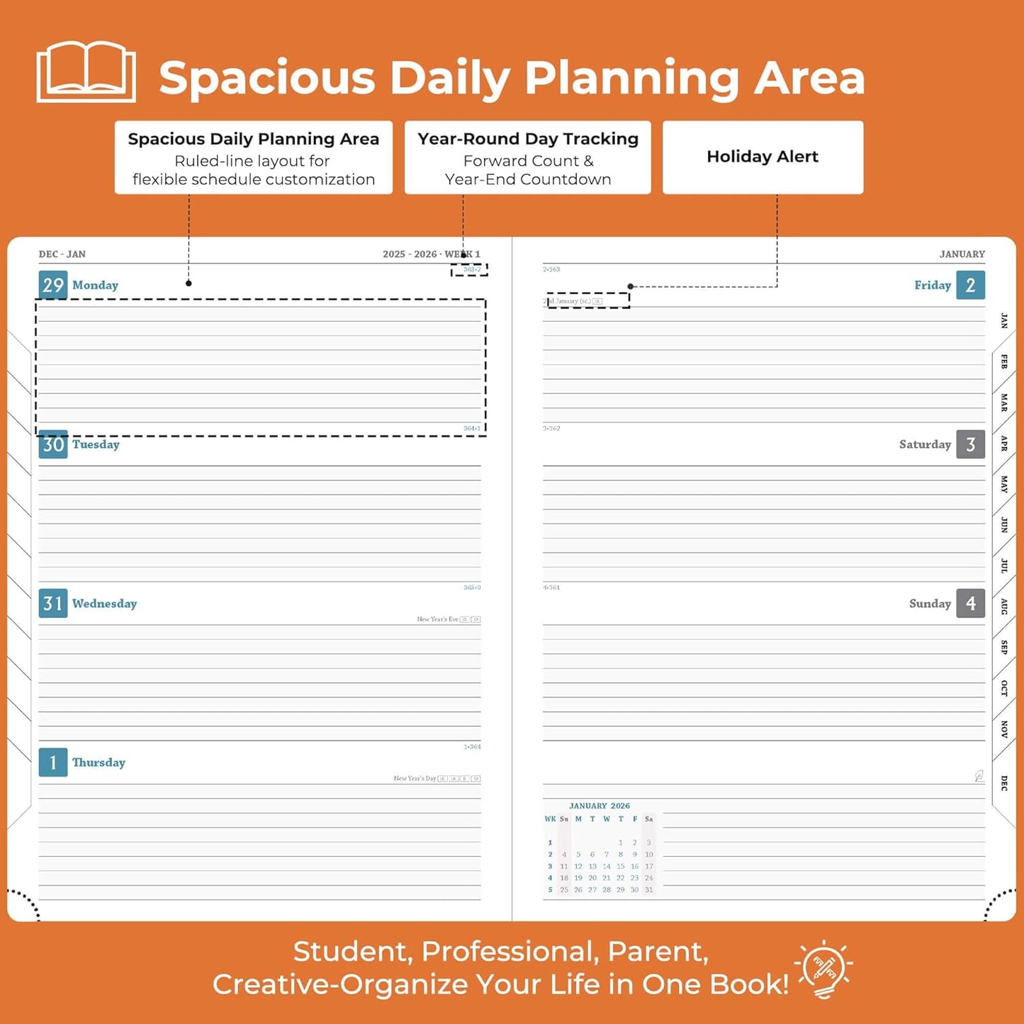 Planner 2026 Daily Weekly and Monthly,11.5"x8.5",12 Months Spiral Bound Calendar Agenda with Self-adhesive Pen Holder,2026 Appointment Book with Vegan Leather Soft Cover,Orange