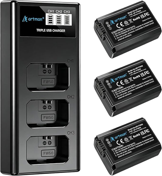 Artman NP-FW50 Battery 3-Pack and Upgraded 3-Slot ZV-E10 Battery LCD Charger by Aartman