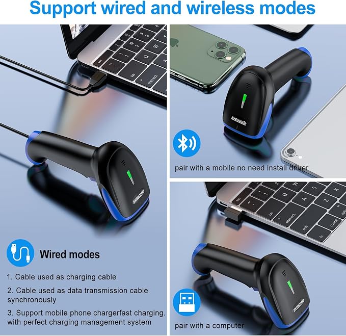 Symcode Wireless Bluetooth Barcode Scanner, 3-in-1 Bluetooth & USB Wired & 2.4G - Image 3