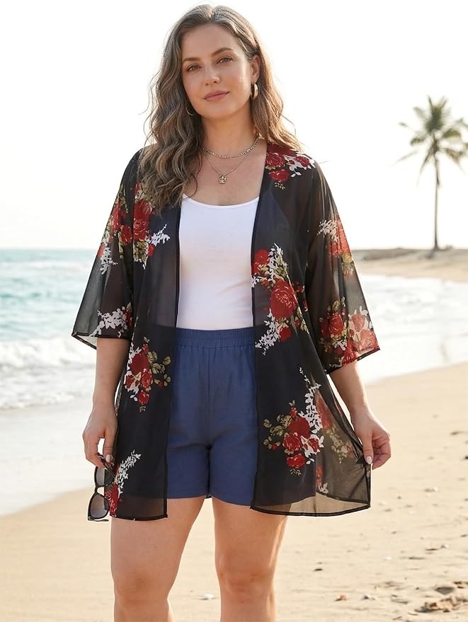 Women's Floral Print Puff Sleeve Kimono Cardigan Loose Cover Up Casual Blouse - Image 6