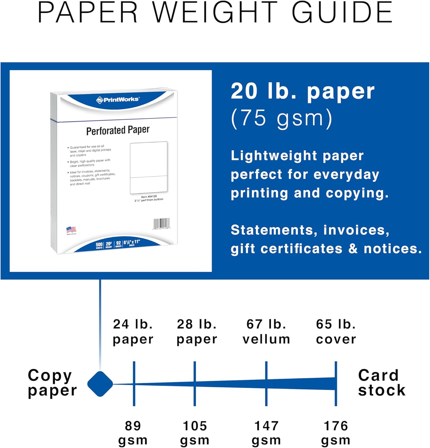PrintWorks Professional 3 1/2" Horizontal Perforated Paper 8.5” x 11” - Perfect for W-2, 1099, & Statement Use - Made in The USA - 500 Sheets - 20 lb - Printer Compatible - White (04128)