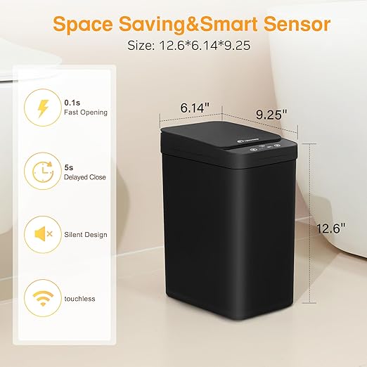 Black Bathroom Trash Can 2.6 Gallon Motion Sensor Trash Cans Automatic - Image 2