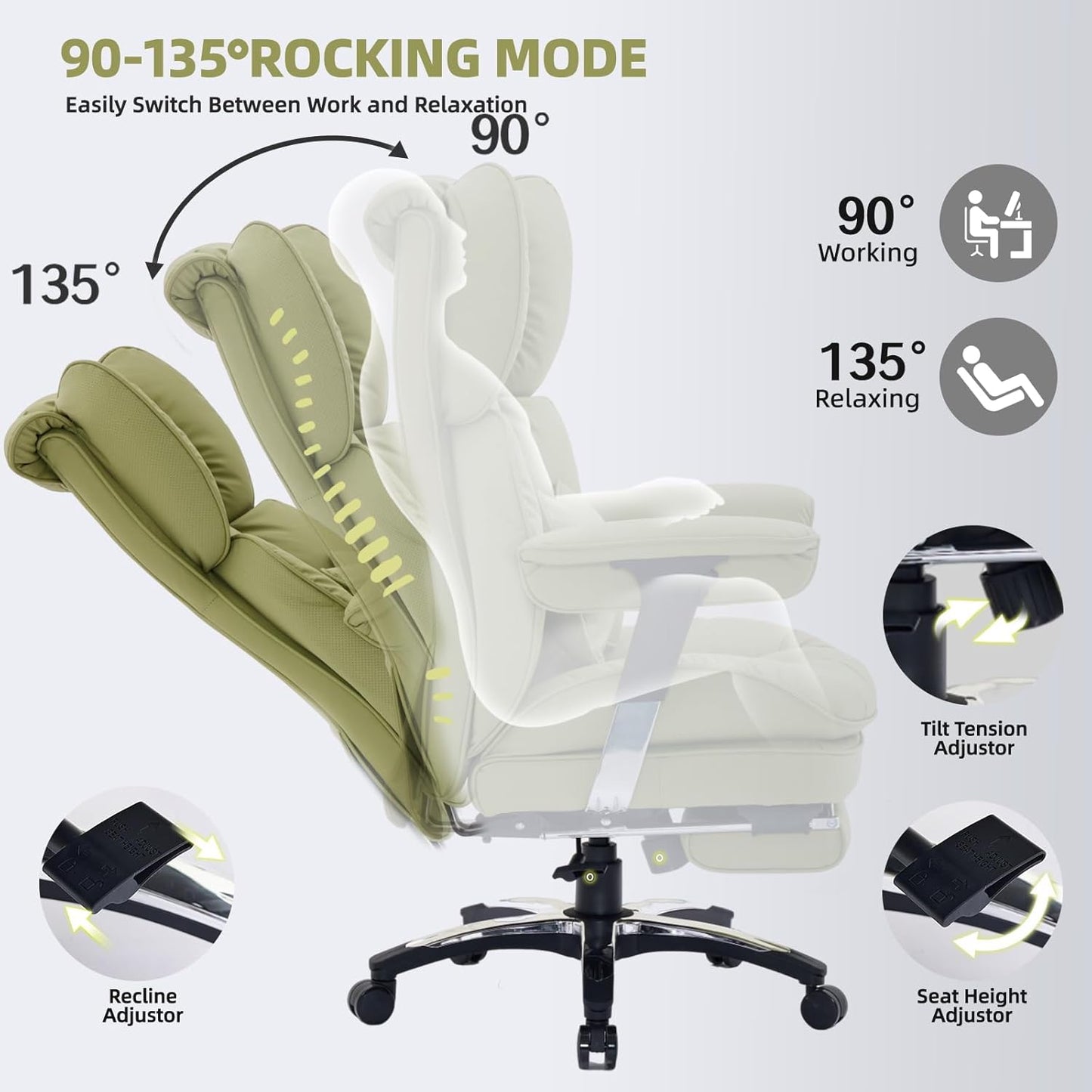 Efomao Big and Tall Office Chair with Footrest – High Back Computer Chair with Adjustable Armrests，Executive Office Chair with Wide Seat, Modern Desk Chair for Home Office, Gaming, or Study, Green