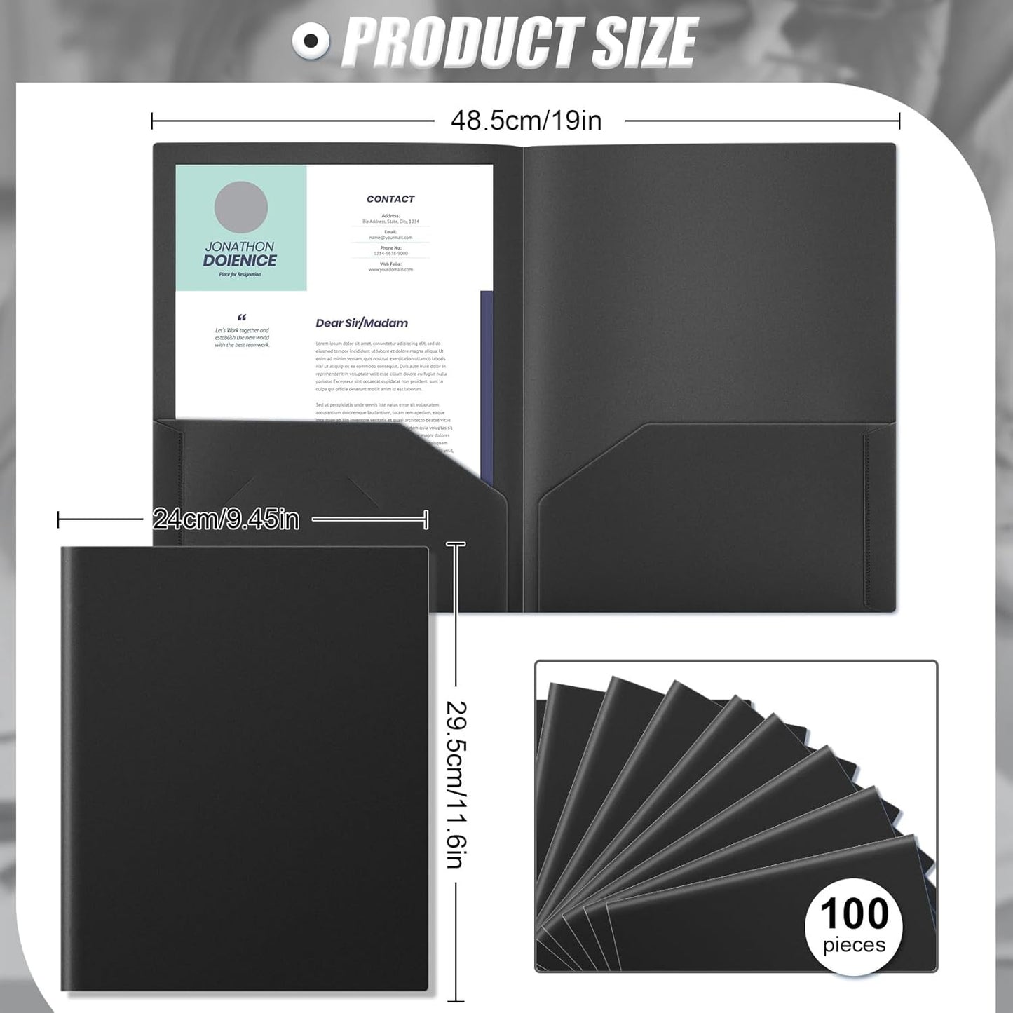 Gueevin 100 Pcs Two Pocket Folders Bulk Plastic File Folder with 2 Pockets Letter Size Paper Heavy Duty Durable Portfolios Case for Home Office School Business 11.61 x 9.45 Inch (Black)