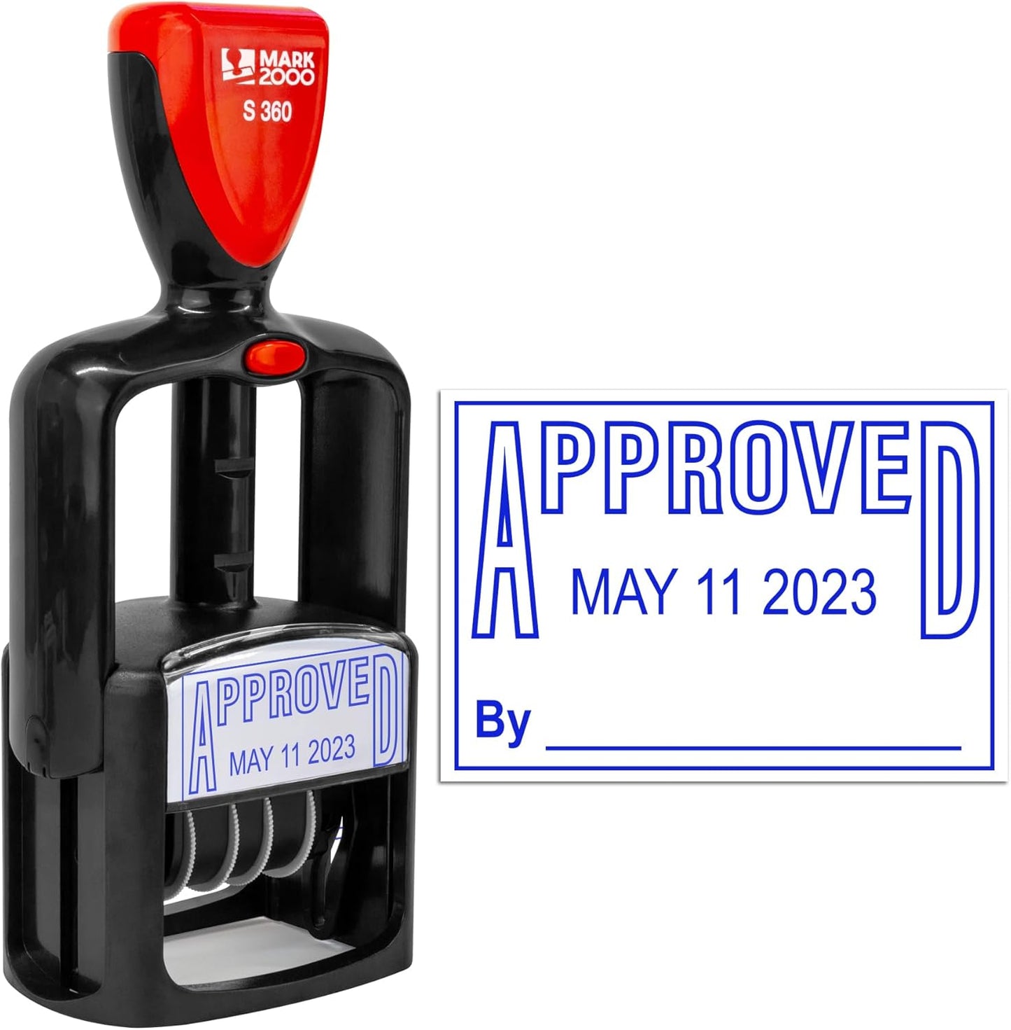 Self-Inking Rubber Date Office Stamp with Approved Phrase - Blue Ink - 12-Year Band