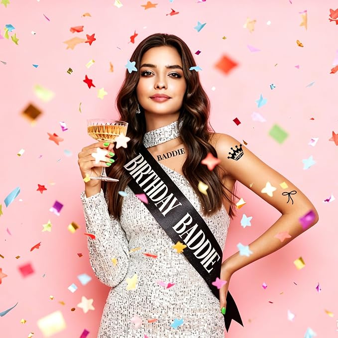 Birthday Baddie Sash – Black Glitter Satin Wearable Accessory - Image 4