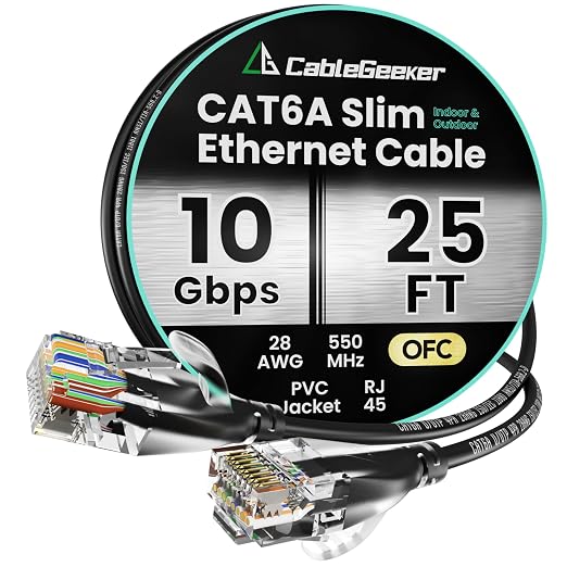 CableGeeker CAT6A Slim Ethernet Cable 25FT, 10Gbps 550MHz High Speed Network by CableGeeker