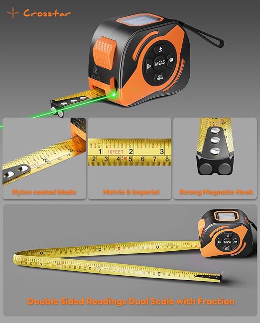 Crosstar 2-in-1 Laser Tape Measure 197ft, 532nm Green Beam, 16ft Manual Tape - Image 8